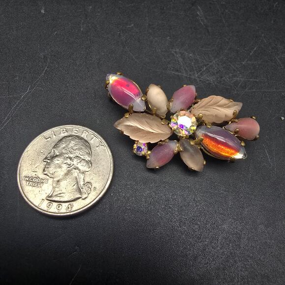 Pink Rhinestone Satin Glass Brooch Givre Vintage Glam Costume Jewelry - Picture 6 of 8